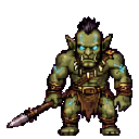 Outskirts Orc Scout holding a spear in a painterly idle pose