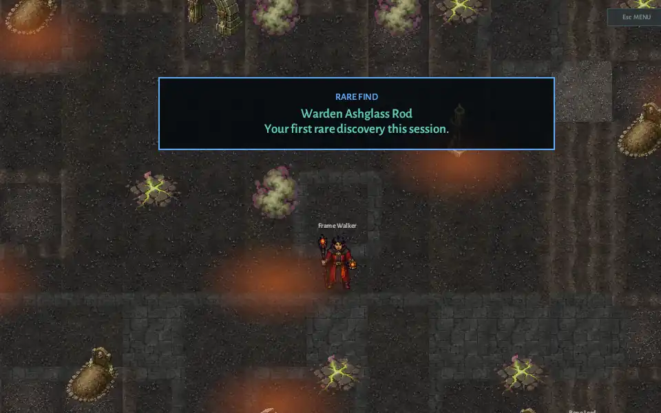 A first-session rare weapon discovery in the ash-lit Bone Lord Crypt