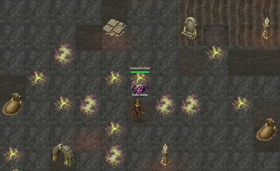 A Waystalker facing a Gravewatch Ghost among broken crypt stones and cold lanterns