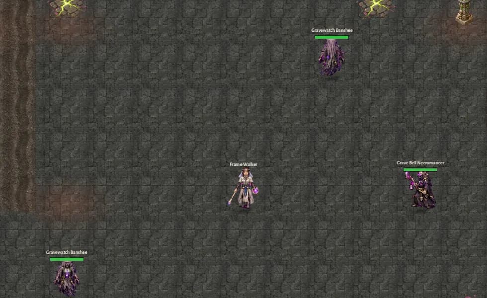 The bounded Gravewatch ritual-edge court with Banshee pressure and open retreat space