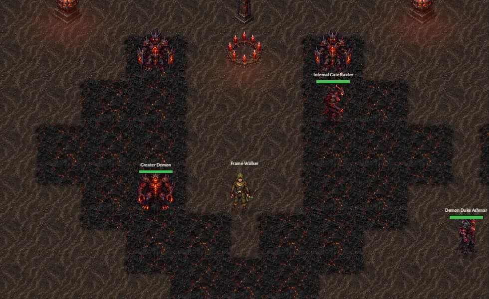 An adventurer surrounded by a demon host on the Obsidian Gate apron