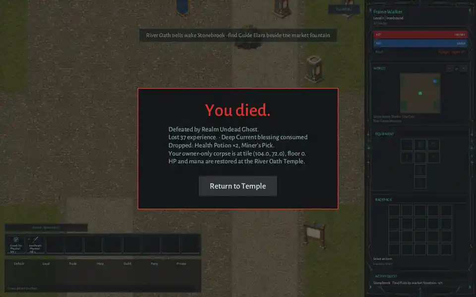 A death screen showing lost experience, a consumed Deep Current blessing, dropped supplies, an owner-only corpse, and the return to temple