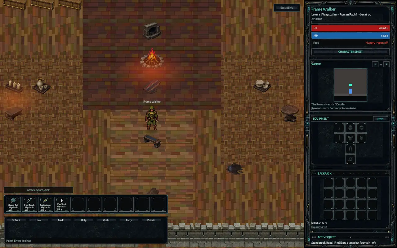 A Waystalker standing before the fire in Rowan Hearth’s timber common room