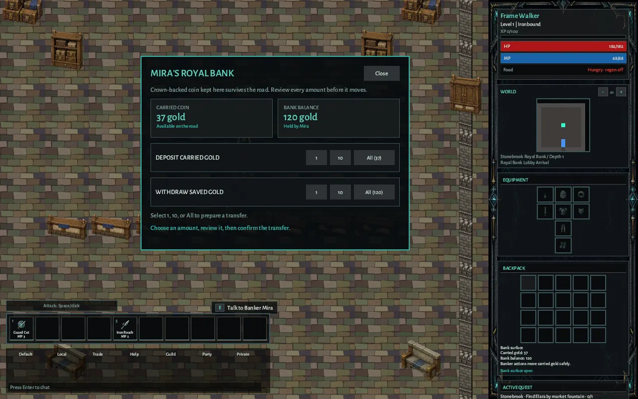 Carried and banked gold beside Mira’s 1, 10, and All deposit and withdrawal controls