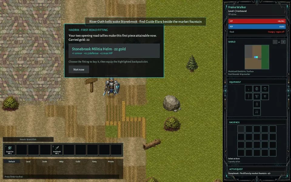 Hadrik offering an Ironbound Stonebrook Militia Helm for the adventurer’s 22 carried gold