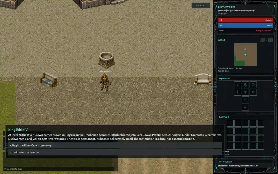 King Edric IV offering a level-20 Waystalker the Stonebrook oath and permanent Rowan Pathfinder title
