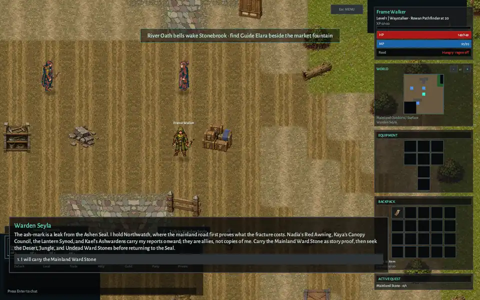 Warden Seyla at Northwatch as a Waystalker carries the Mainland Ward Stone onward