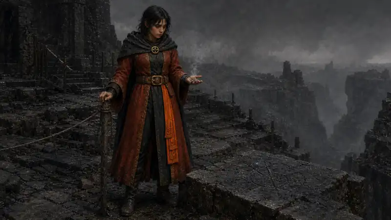 A young Ashcaller woman stands in red-orange road robes before the ash-marked descent