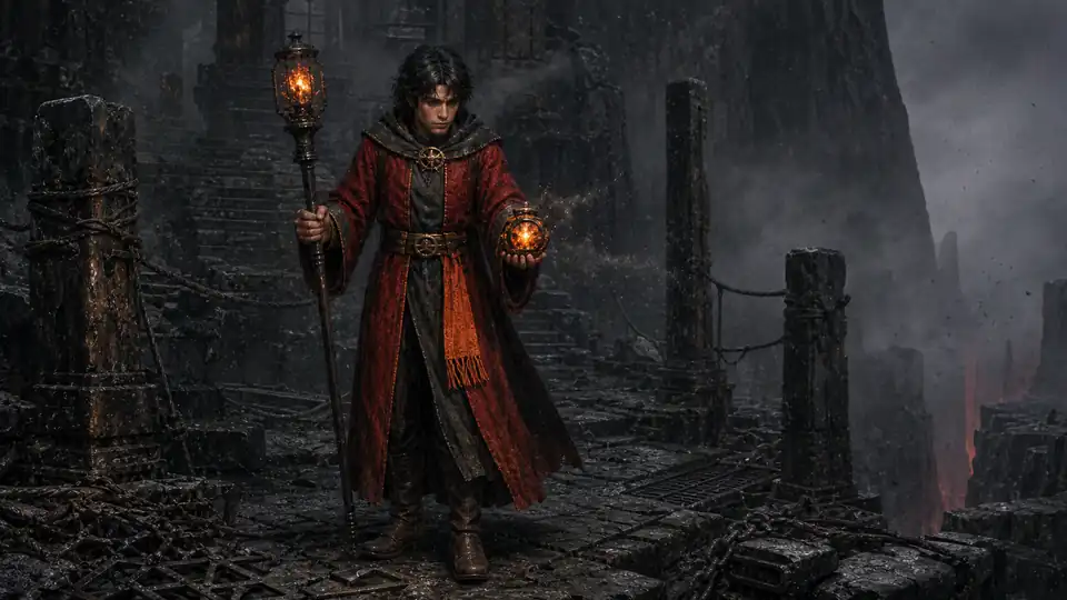 A young Ashcaller holds a caged staff flame and a second hand focus before the Near Rift
