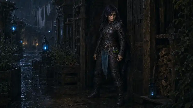 A Gloamknife woman waits among Lantern Rows in dark leathers with two green vials