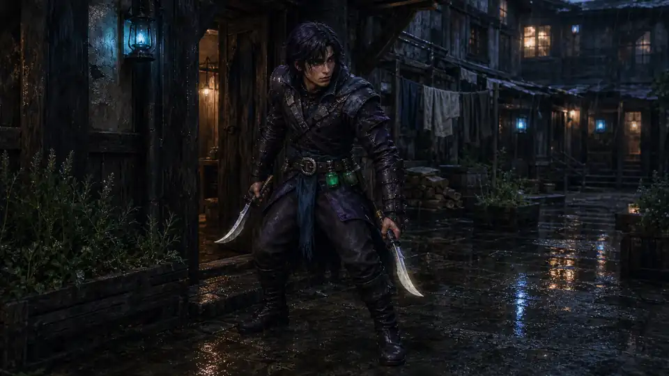 A long-haired Gloamknife checks a second exit between the oath lamps of Lantern Rows