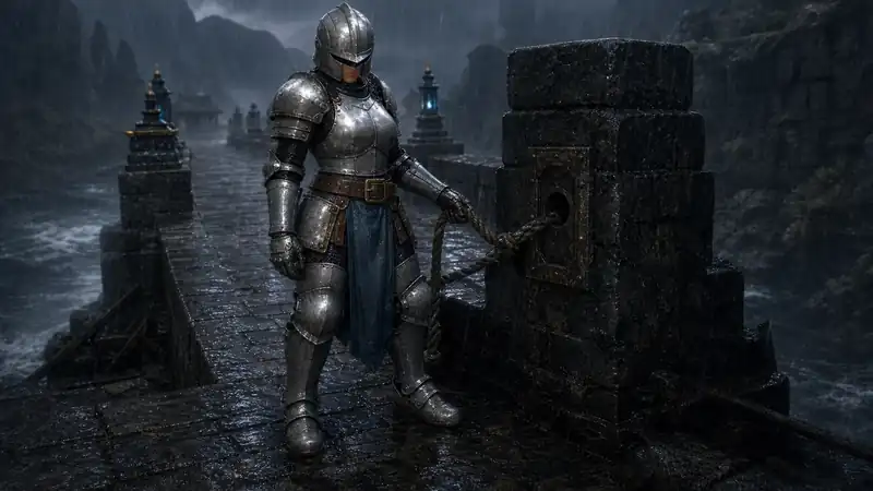 A strong armored Ironbound woman holds the Five-Stone Bridge beneath cold rain