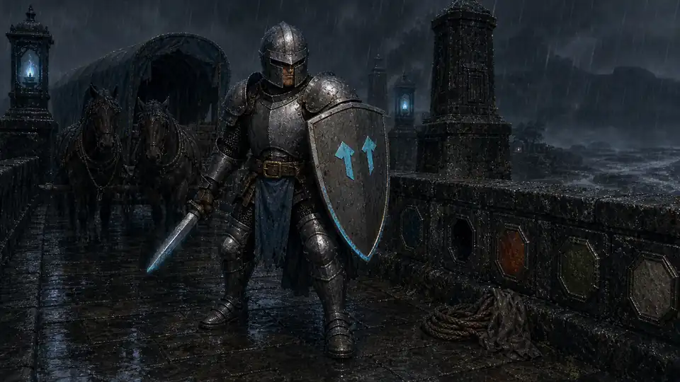A rain-worn Ironbound braces behind a steel shield marked with the two blue arrows of the calling