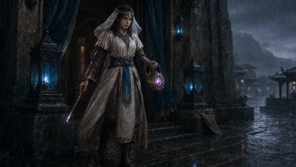A young Veilbinder woman carries a short mender wand and violet focus at the River Oath temple