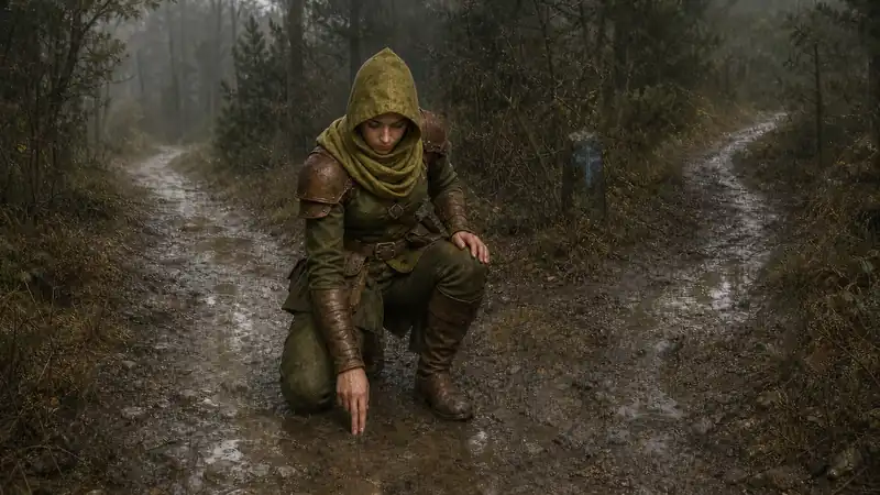 A hooded Waystalker woman studies tracks where the east forest road divides