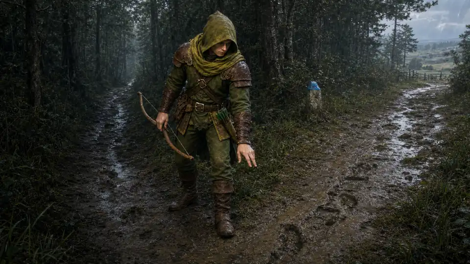 A hooded Waystalker reads the divided trail at a rain-dark forest fork