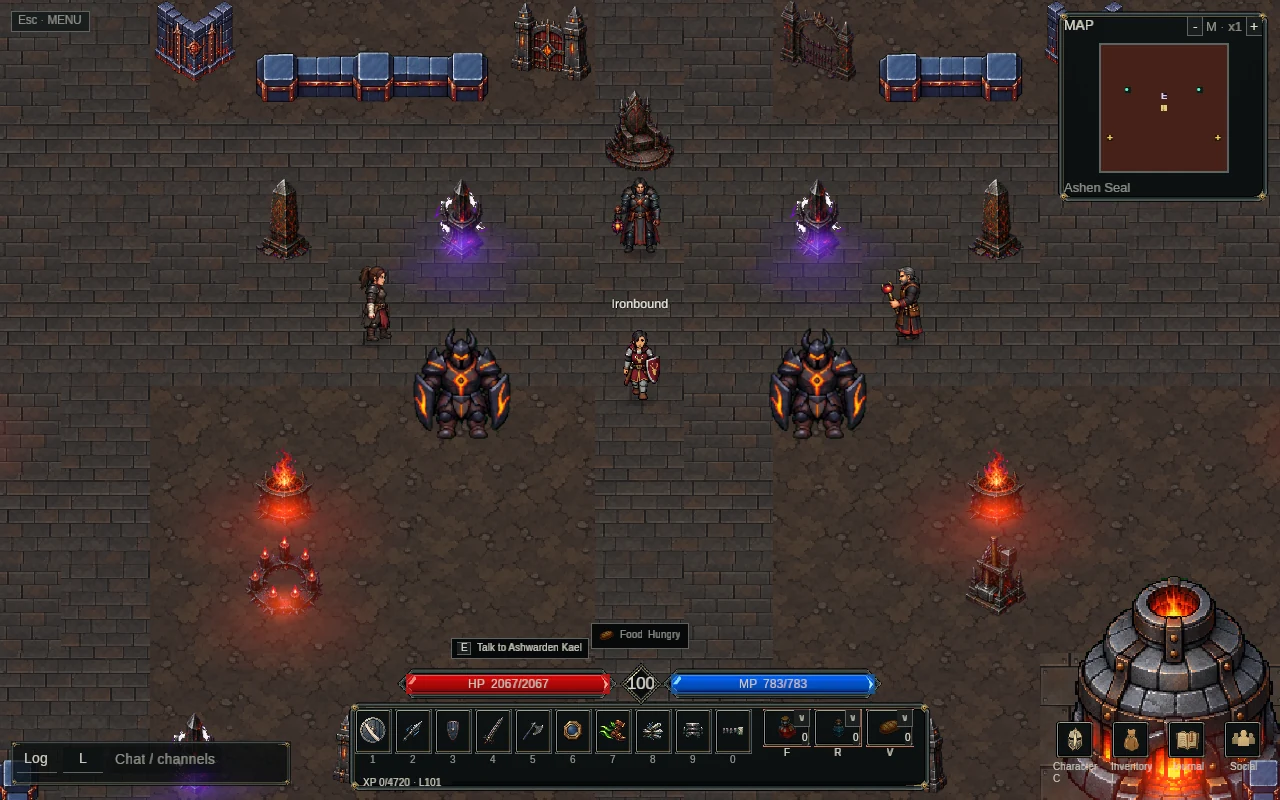 An Ironbound among Ashen Seal's wardens, dark stone walls and violet wards
