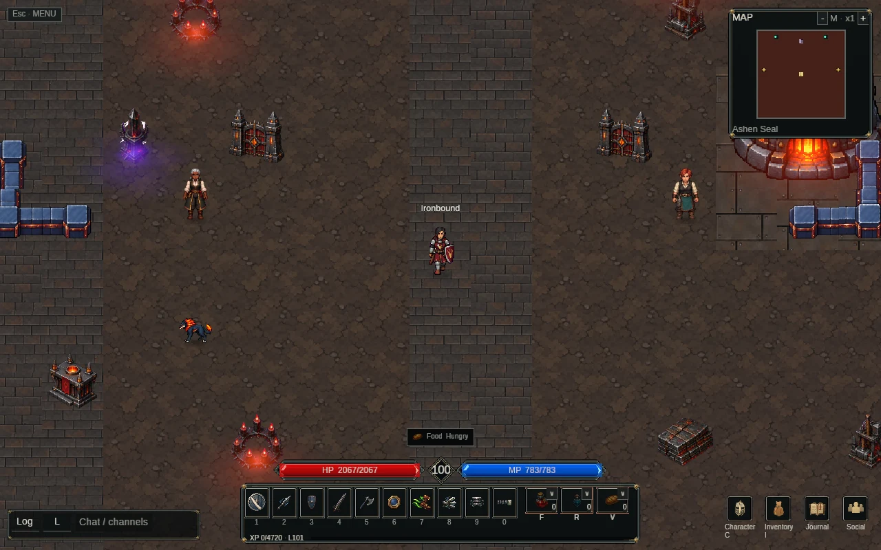 An Ironbound passing Ashen Seal's forge, supply courts and a small Ashwarden hound